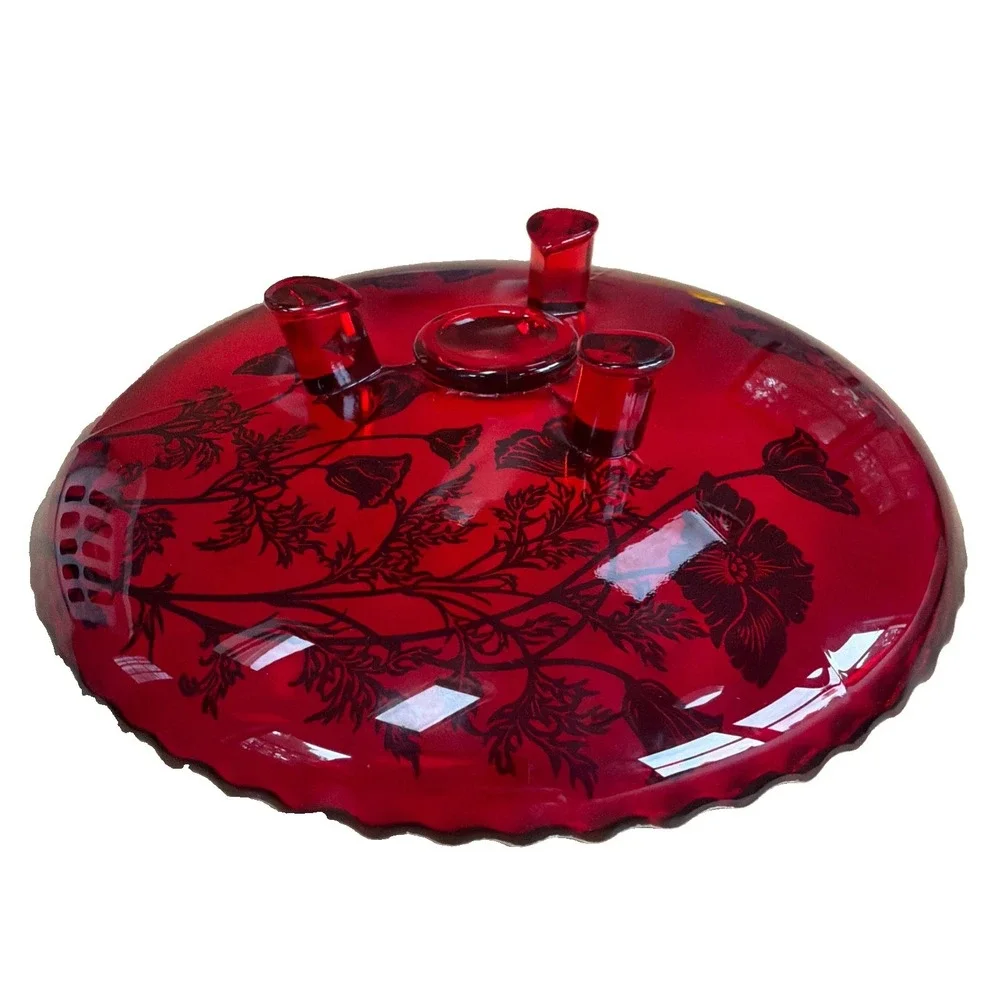 VTG Ruby Red Glass Footed Dish Scalloped Edge Poppy Sterling Overlay  Round 7.5